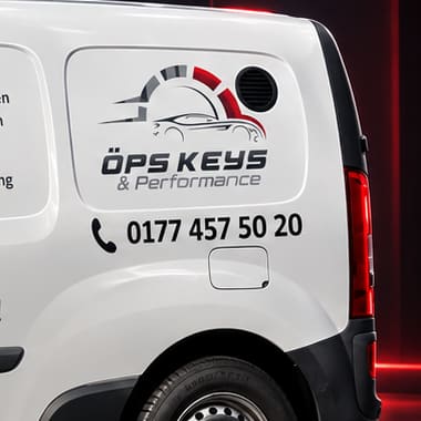 Logo und Telefonnummer von ÖPS KEYS auf dem Servicefahrzeug